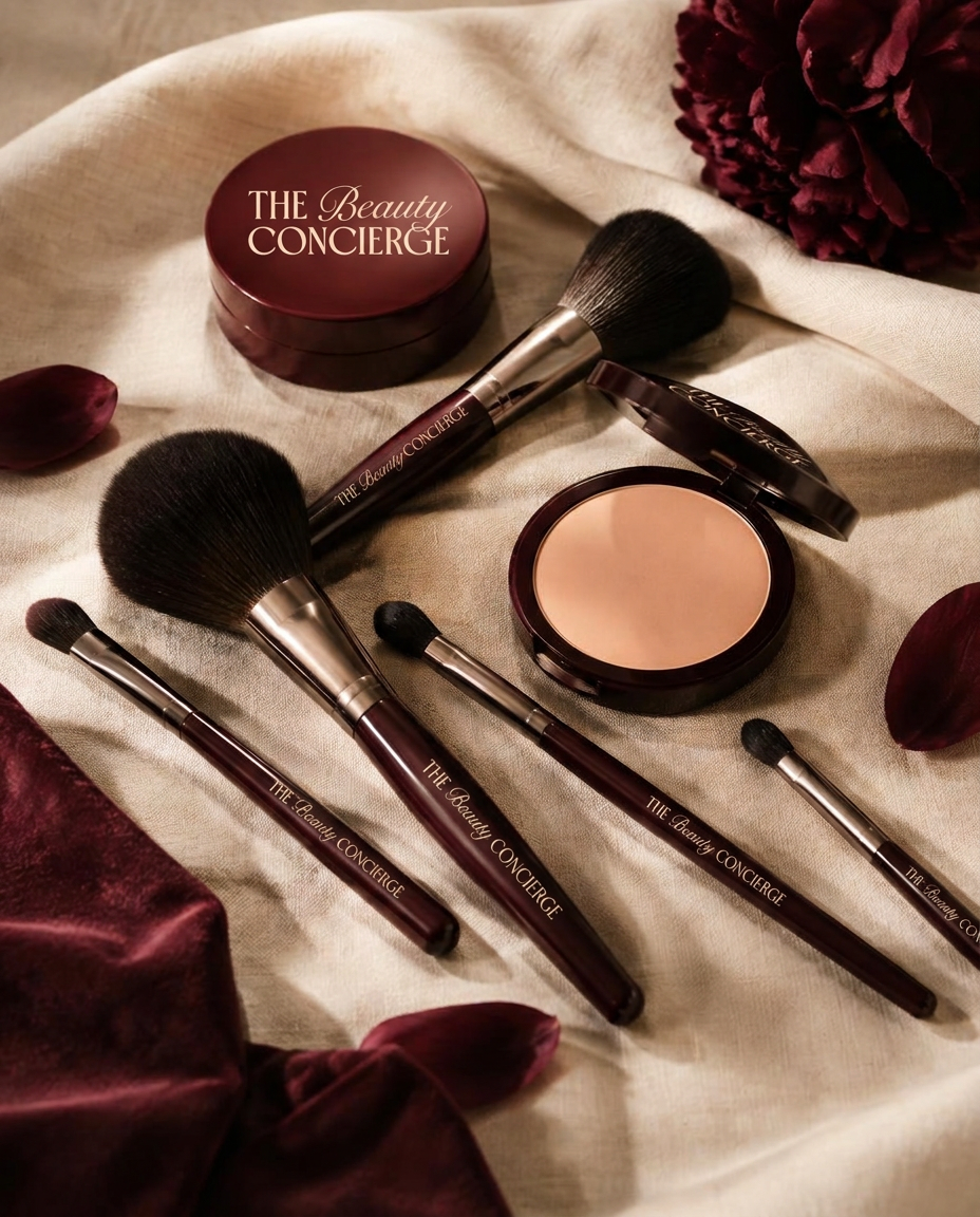 Branded makeup brushes and a powder compact on ivory linen