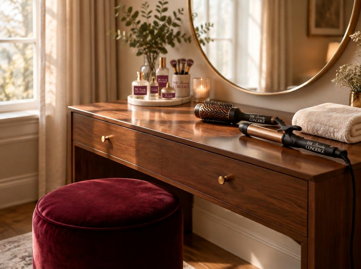 A warm vanity with hair tools and branded beauty products